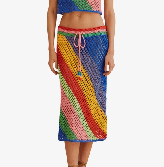 NWT Farm Rio Diagonal Stripes Crochet Midi Skirt Size M Boho Beach Coverup  $215 - Picture 2 of 12